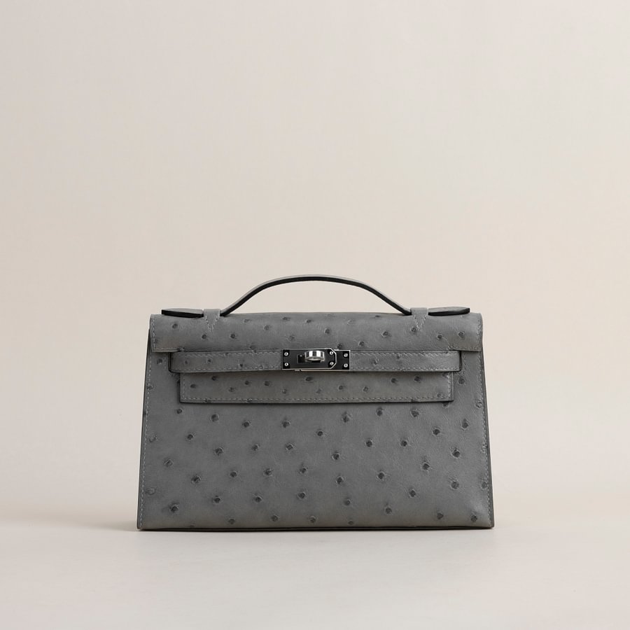 Kelly pochette Ostrich 4Z Gris Mouette PHW