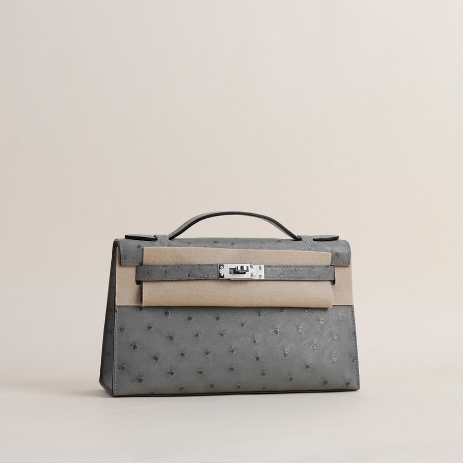 Kelly pochette Ostrich 4Z Gris Mouette PHW