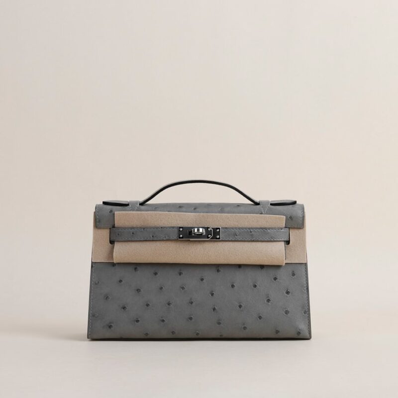 Kelly pochette Ostrich 4Z Gris Mouette PHW