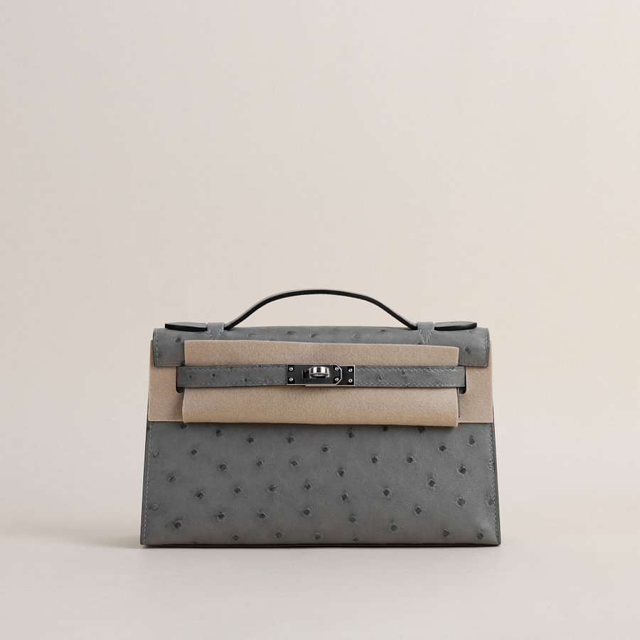 Kelly pochette Ostrich 4Z Gris Mouette PHW